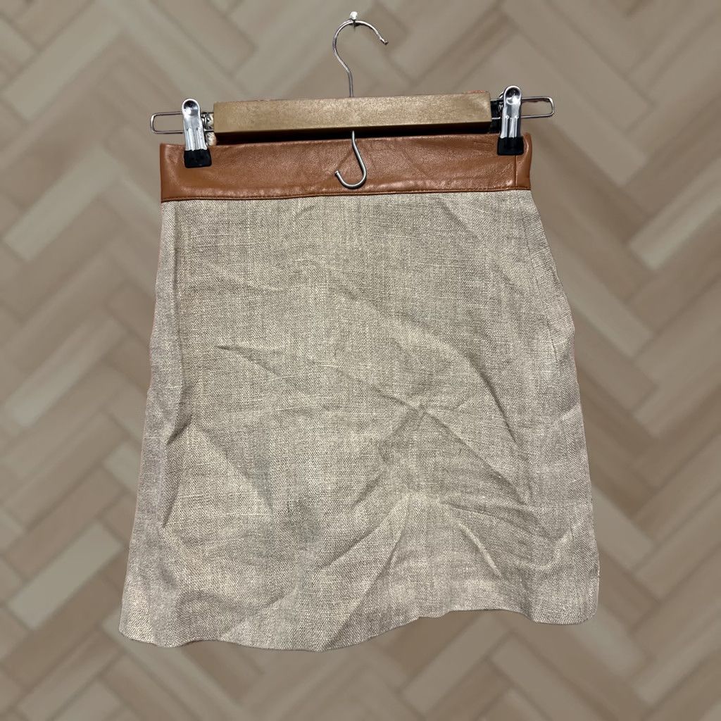 Vintage Tods Womens Skirt Linen Lamb Leather Trim Brown 36 Size 25" / US 0 / IT 36 - 1 Thumbnail