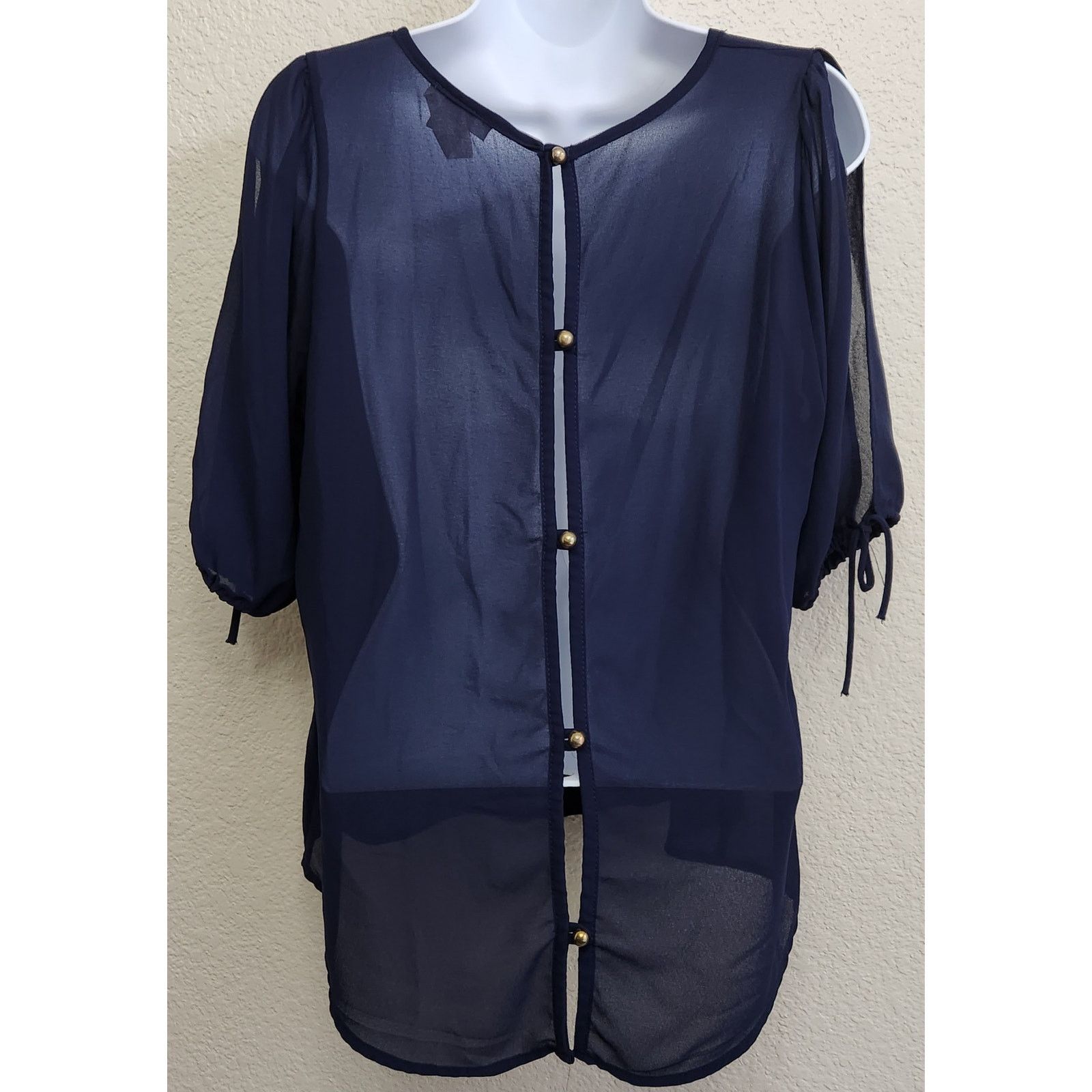 Other Belinda Blue Sheer Cold Shoulder Back Button Up Top Large Size L / US 10 / IT 46 - 3 Thumbnail