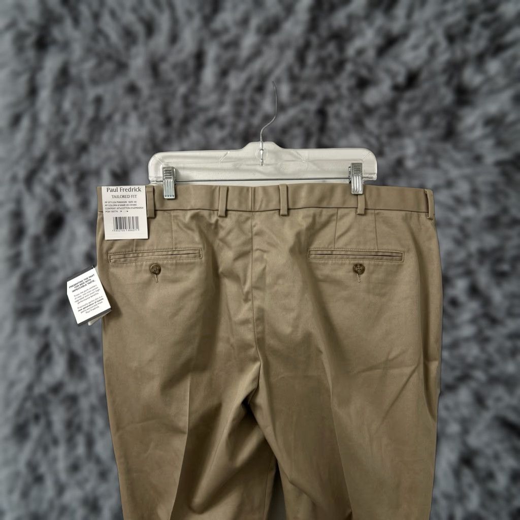Vintage Paul Fredrick Pants Mens 42x28 Tan Khaki Tailored Fit NWT Zipper Button Chino Stretch Wrinkle Resistant Cotton Blend 5-Pocket Size US 42 / EU 58 - 1 Thumbnail
