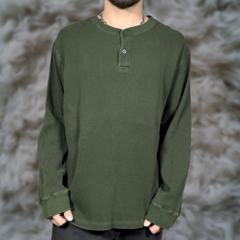 Old Navy Old Navy Mens Thermal Henley Shirt Waffle Knit Long Sleeve 2XL Green Size US XXL / EU 58 / 5 - 1 Thumbnail