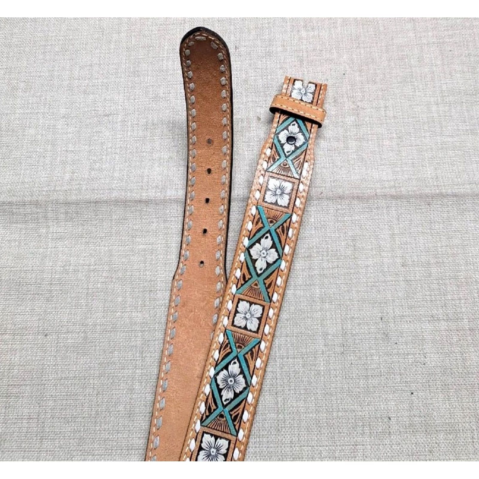 Vintage VINTAGE Wright Western Belt - 28 Brown Leather Cowhide 1-3/4" Floral Southwestern Tooled Buckle Belt Mens Size 28 - 6 Thumbnail