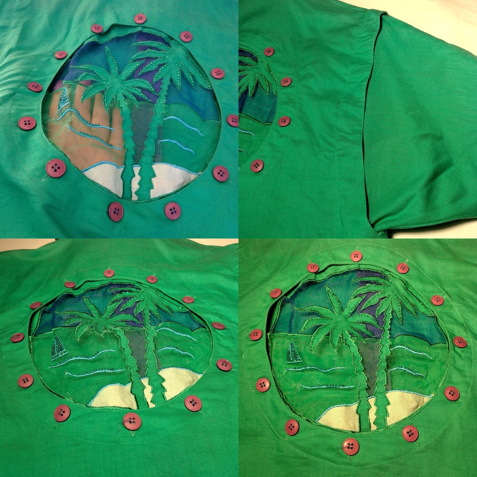 Vintage Bonnie Boerer Unlimited Blouse S Green Button Nautical Porthole Palm Tree Cruise Beaded Accents Size S / US 4 / IT 40 - 9 Thumbnail