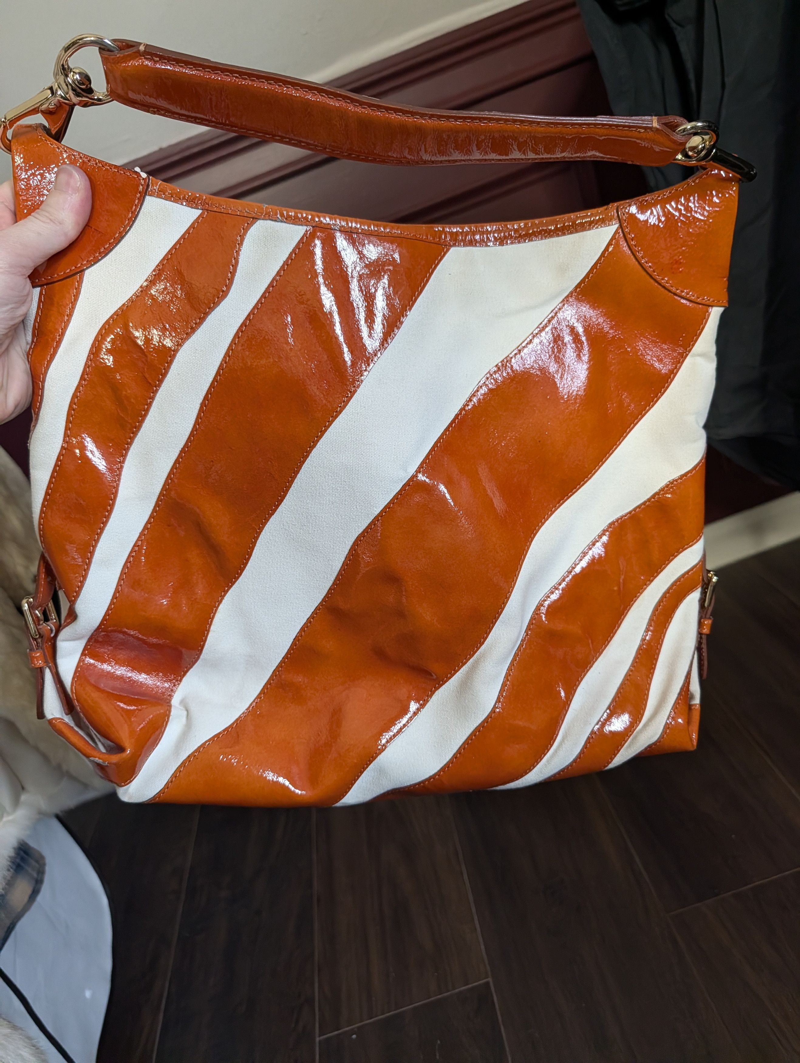 Dooney & Bourke Orange patent / white canvas striped handbag large Size ONE SIZE - 10 Thumbnail