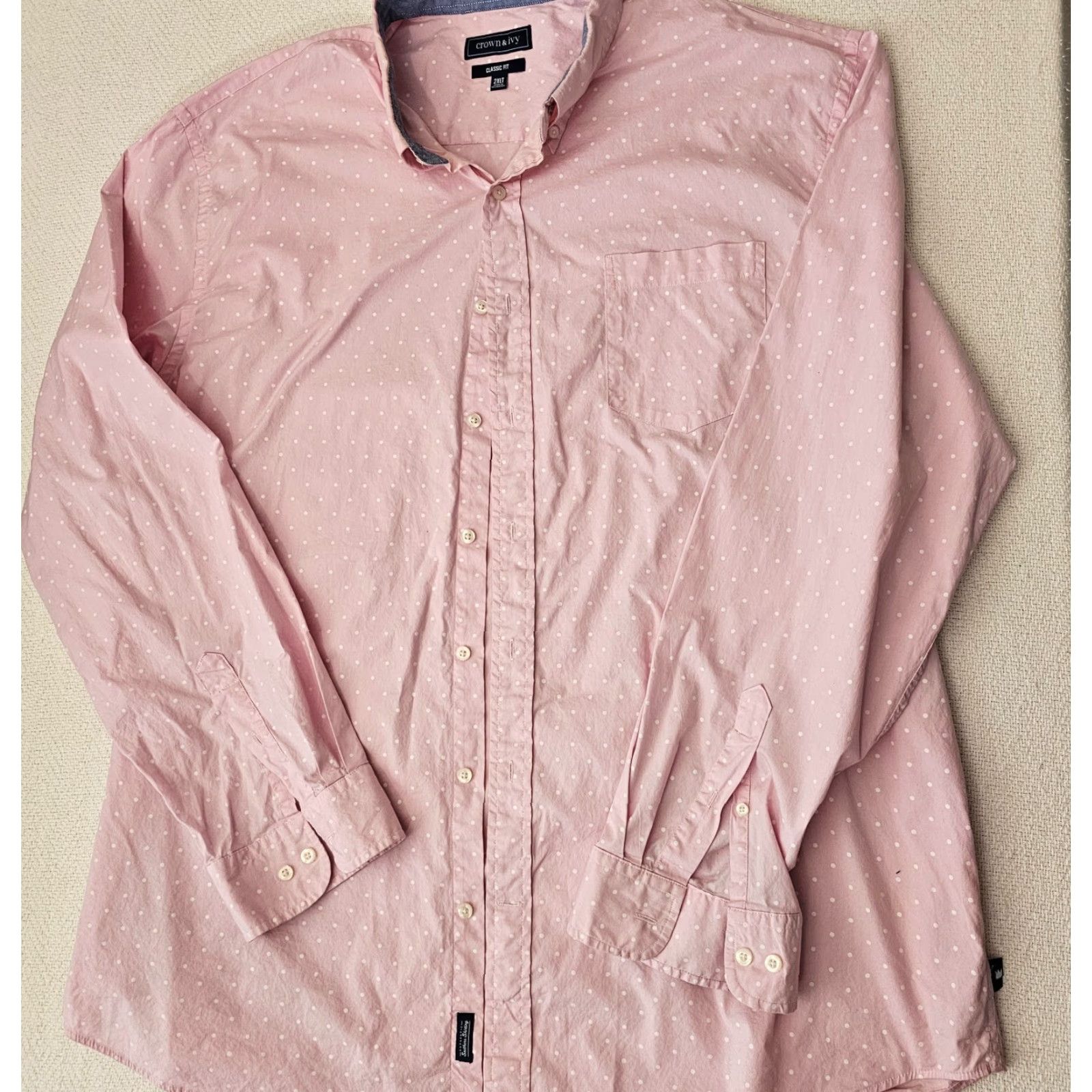 Pinko VINTAGE Crown And Ivy Button-Up Shirt Pink Polka Dot Long Sleeve 2XLT Mens Classic Pin Dot 34.5in Chest 52in Single-Needle Cotton Knit Shirt Mens Size US XXL / EU 58 / 5 - 2 Thumbnail