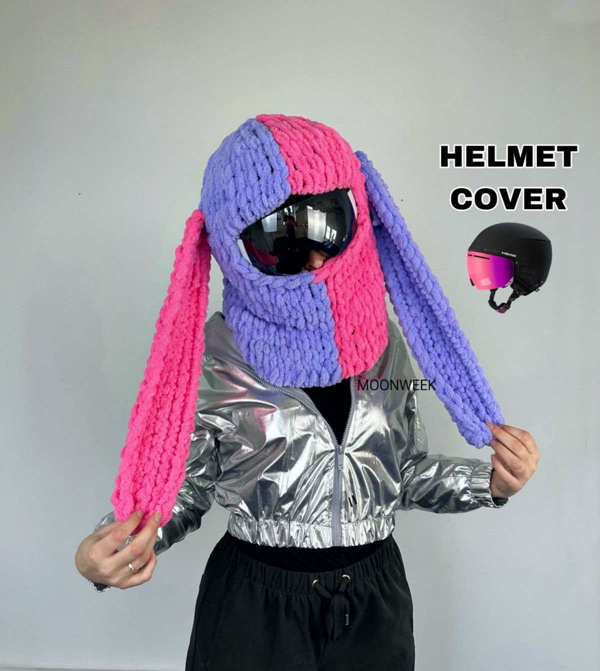 Handmade Bunny helmet cover balaclava with ears . Pink Ski mask Size ONE SIZE - 1 Thumbnail