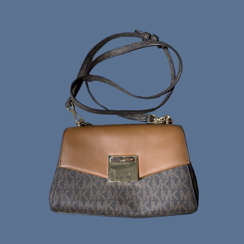 Vintage Michael Kors Lita Crossbody Bag Leather Brown Small Logo Two-Tone Buckle Accent Womens Size ONE SIZE - 1 Thumbnail