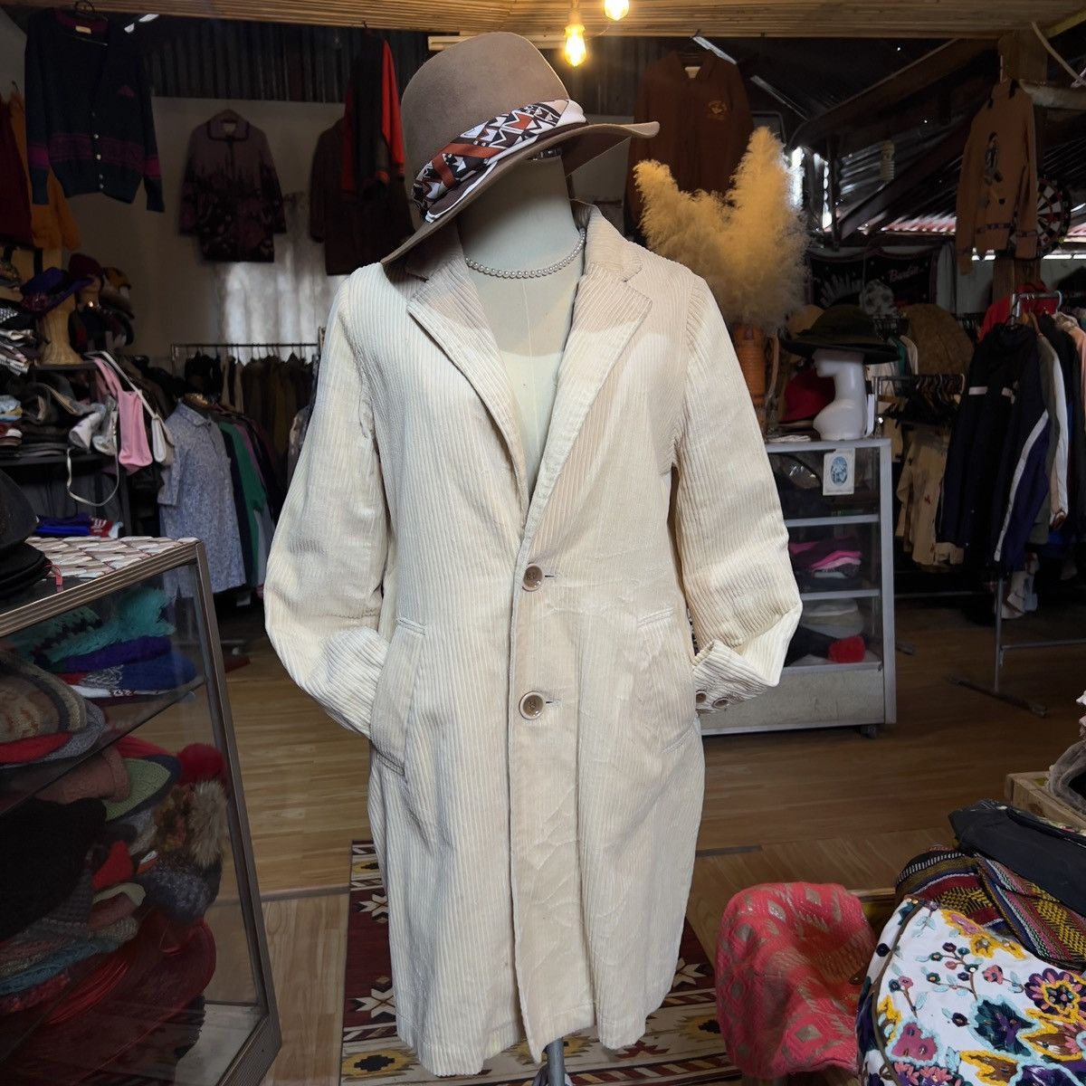 Vintage Japanese Style Long Cream Corduroy Coat