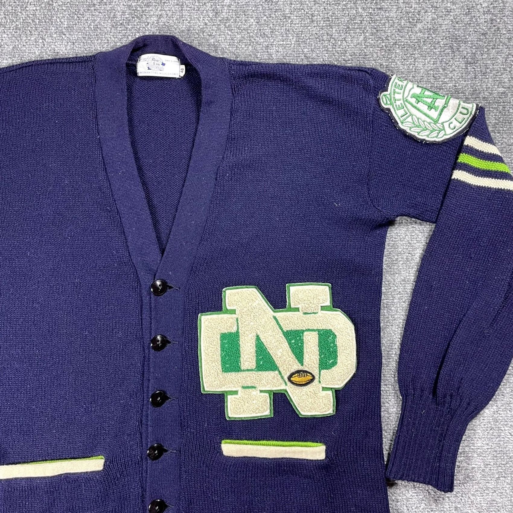 New Era VINTAGE Notre Dame Football Lettermans Club Wool Letterman Sweater XL Blue 1950s Mens Size US XL / EU 56 / 4 - 2 Thumbnail