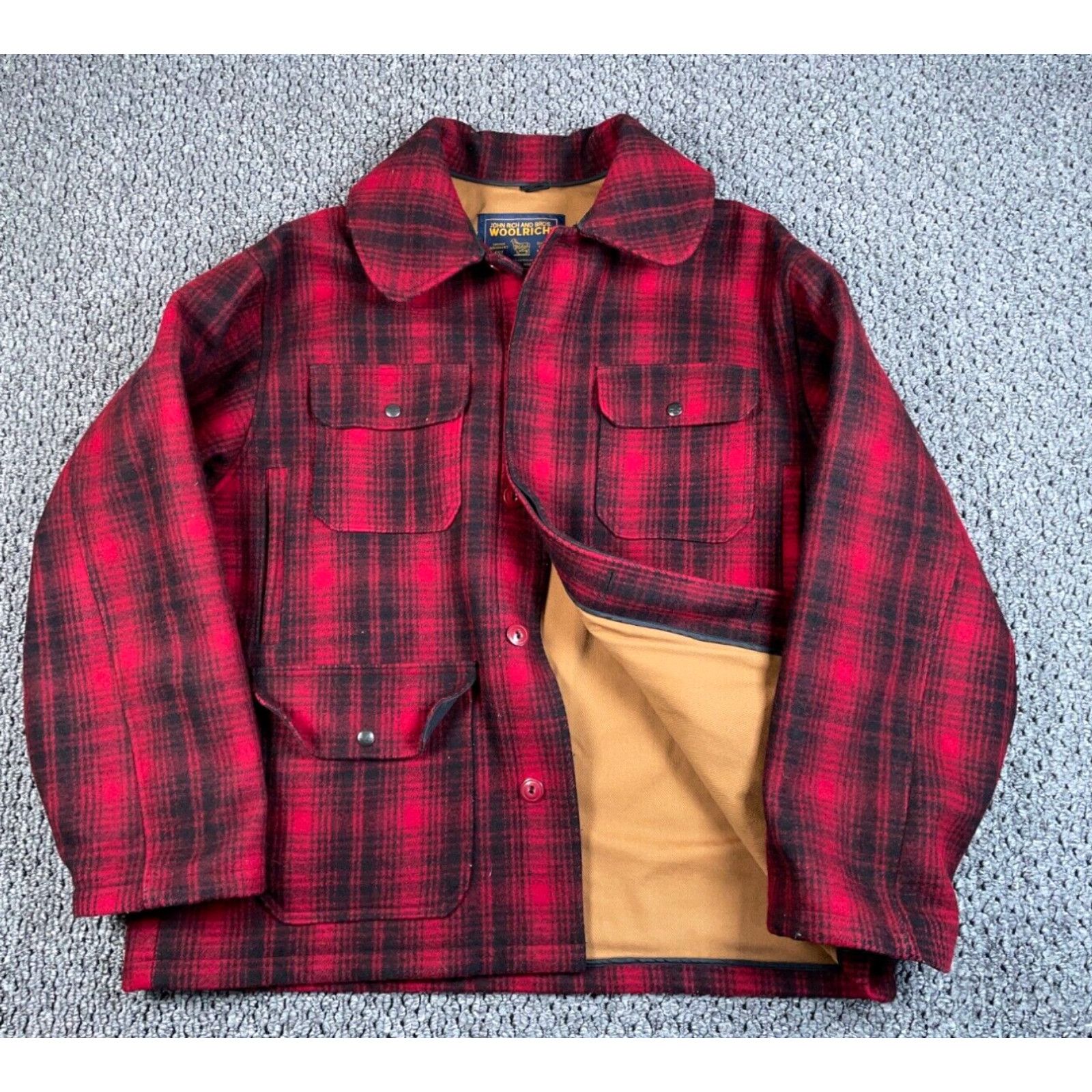 image of Vintage Woolrich Wool Mackinaw Chore Jacket Adult XL Red Black Plaid Cruiser Lined in White, Men's