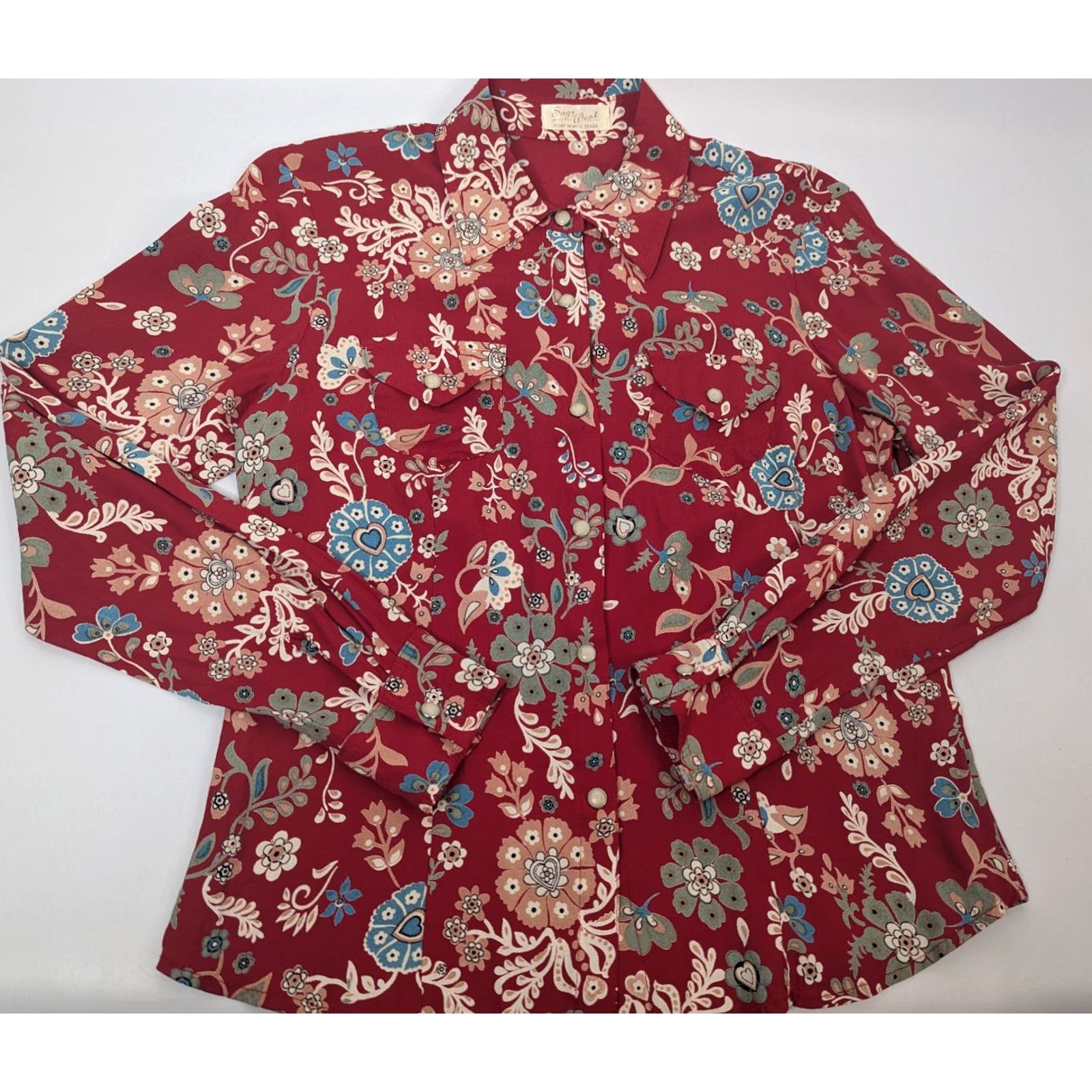 Vintage Sage West Prairie Creek Women's M Pearl Snaps Floral Western Shirt Red XS? No, M size. Size M / US 6-8 / IT 42-44 - 2 Thumbnail