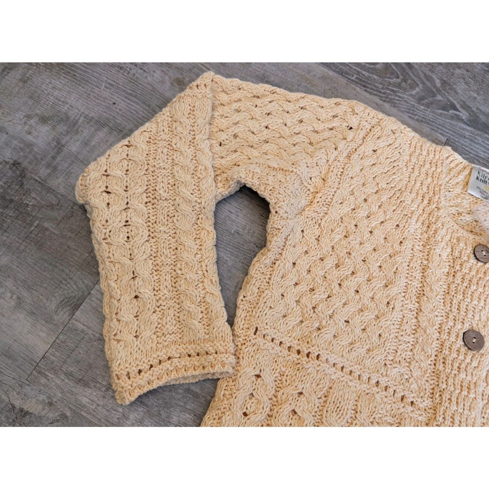 Buttero Kilronan Knitwear Cardigan Sweater Womens XS Yellow Cotton Blend, Linen Knit Geometric Cable-Knit Round Neck Long Sleeve Button Crochet Relaxed Irish Size XS / US 0-2 / IT 36-38 - 4 Thumbnail