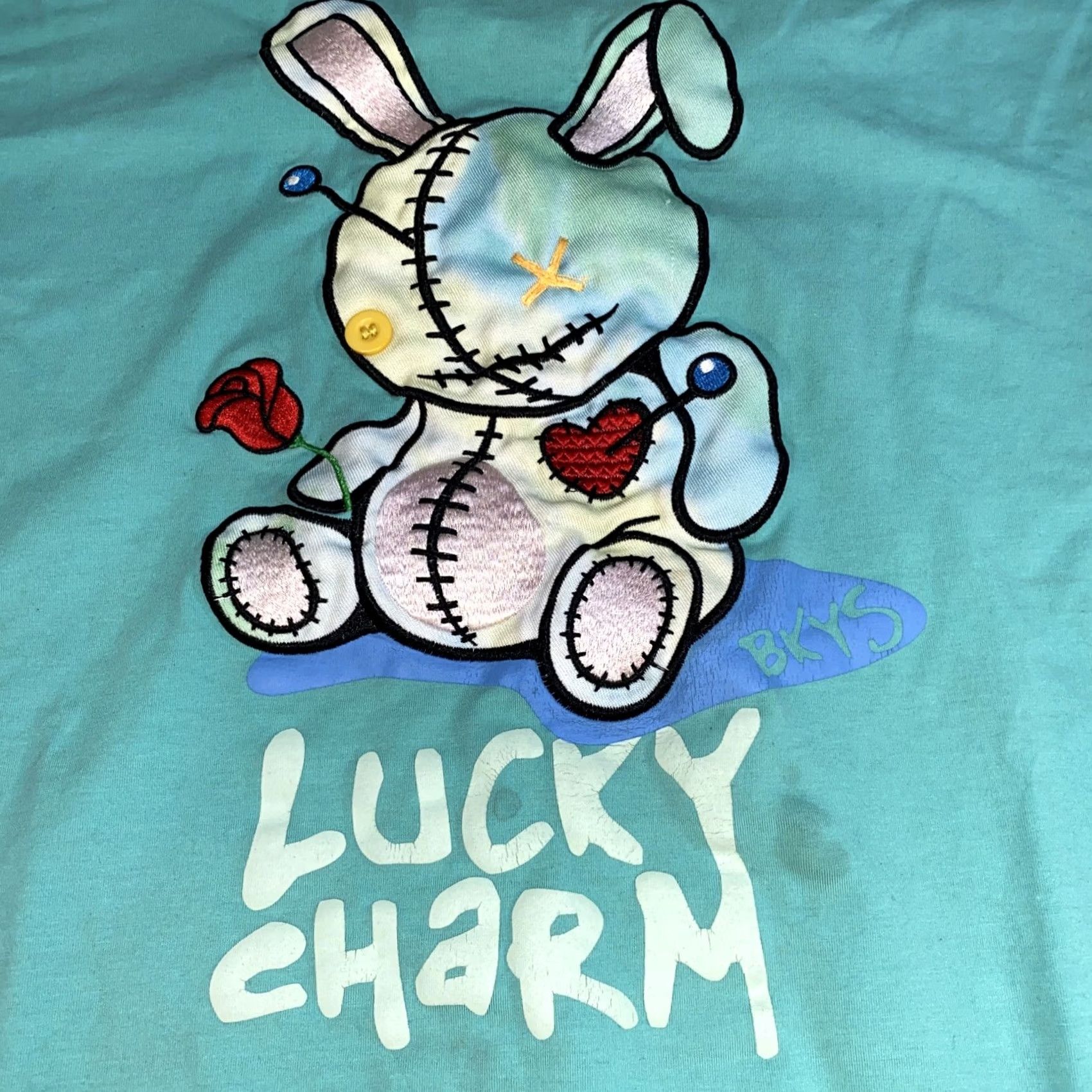 Vintage Lucky Charm Men's Short Sleeve Crew Neck T-Shirt Embroidered Bunny Teal Yellow BKYS Charms Animals 90s Style Size US 33 - 4 Thumbnail