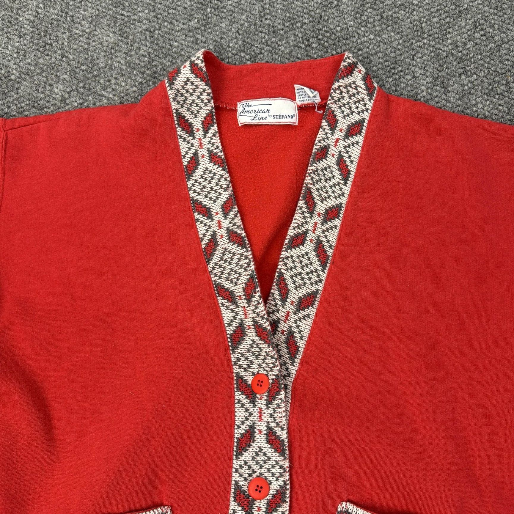 Vintage VINTAGE Red Cardigan Sweater Womens S Puff Sleeve Button Geometric Knit V-Neck Holiday Christmas Shirt? Size S / US 4 / IT 40 - 3 Thumbnail