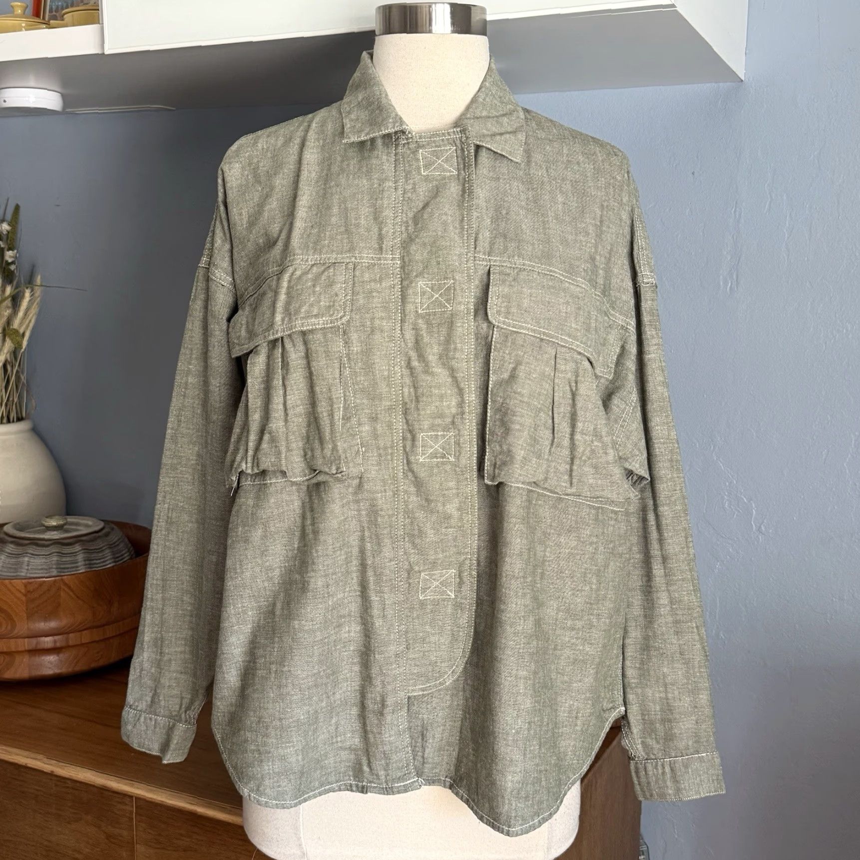 Esprit VINTAGE Esprit Shirt Cargo Pockets Utility Boxy Oversized Size S Green/grey 90s Womens Size S / US 4 / IT 40 - 2 Thumbnail