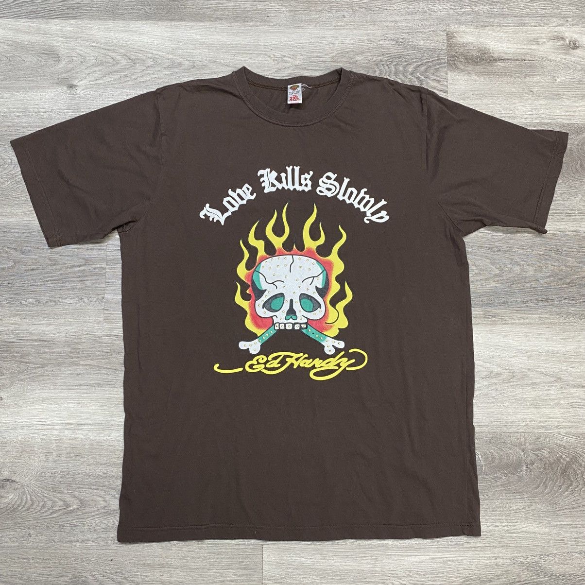 Ed Hardy Vintage Y2K Ed Hardy Brown Flame Skull T-Shirt Size 2XL Size US XXL / EU 58 / 5 - 1 Thumbnail