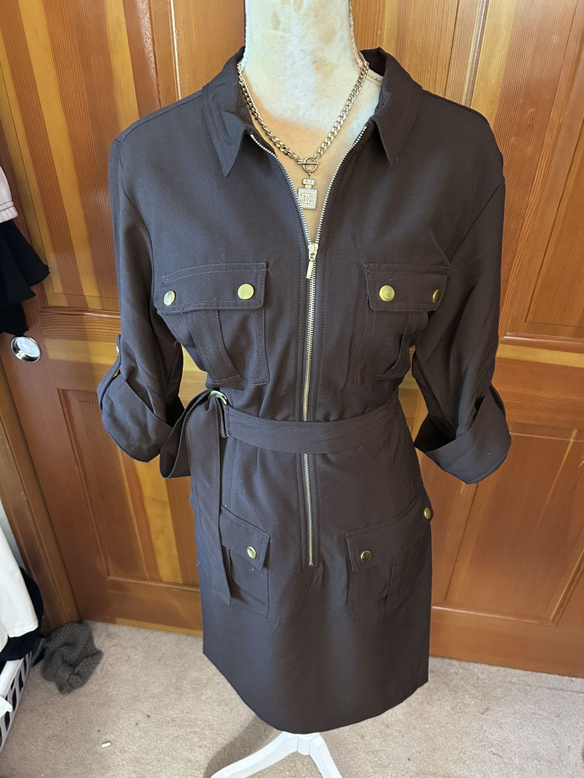 Designer × Other New! Women’s Brown SHARAGANO Belted Mini Dress. Size L / US 10 / IT 46 - 4 Thumbnail