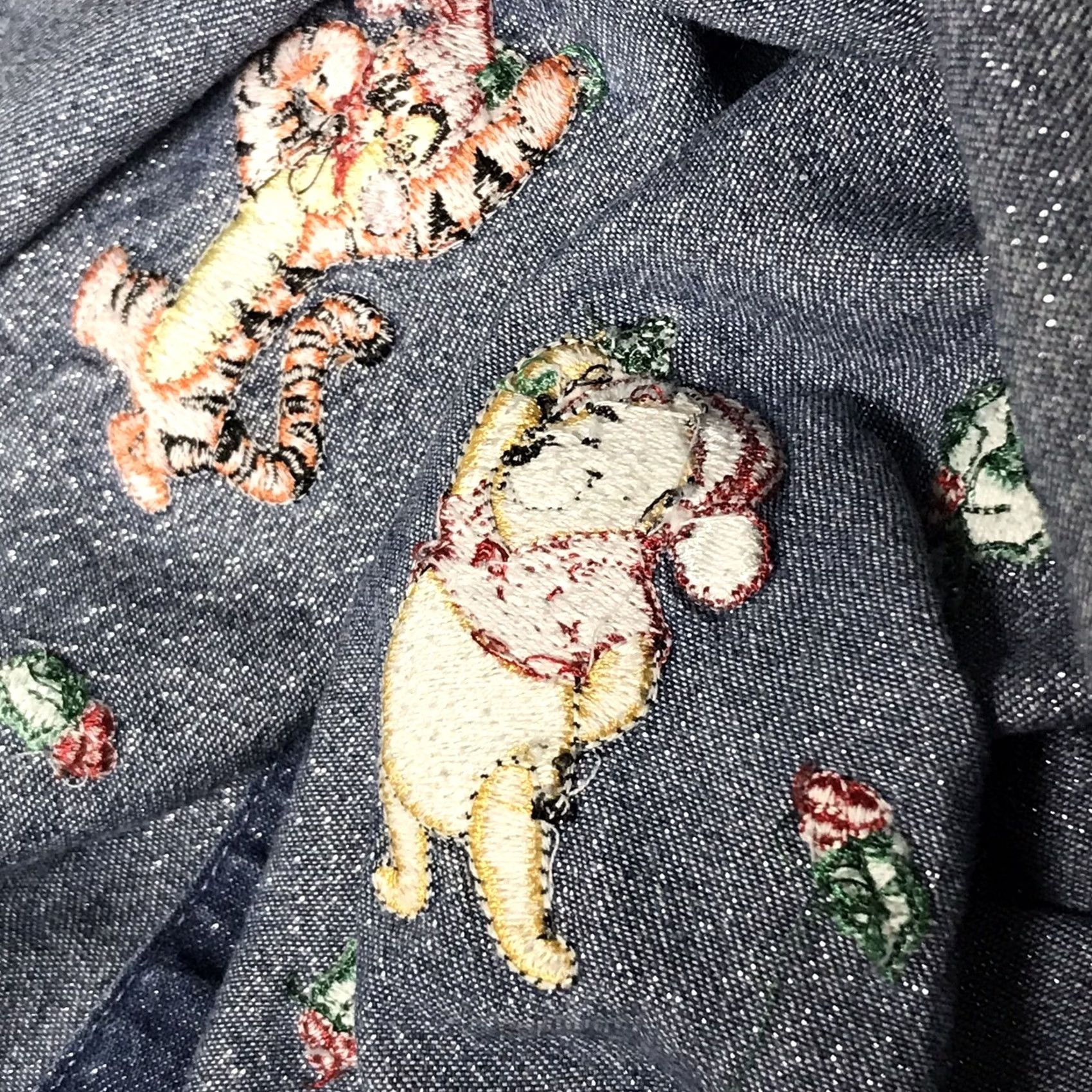 Disney Disney Women Shirt M Blue Denim Winnie the Pooh & Tigger Christmas Embroidered Glitter Button-Up Long Sleeve Shirt Size M / US 6-8 / IT 42-44 - 5 Thumbnail