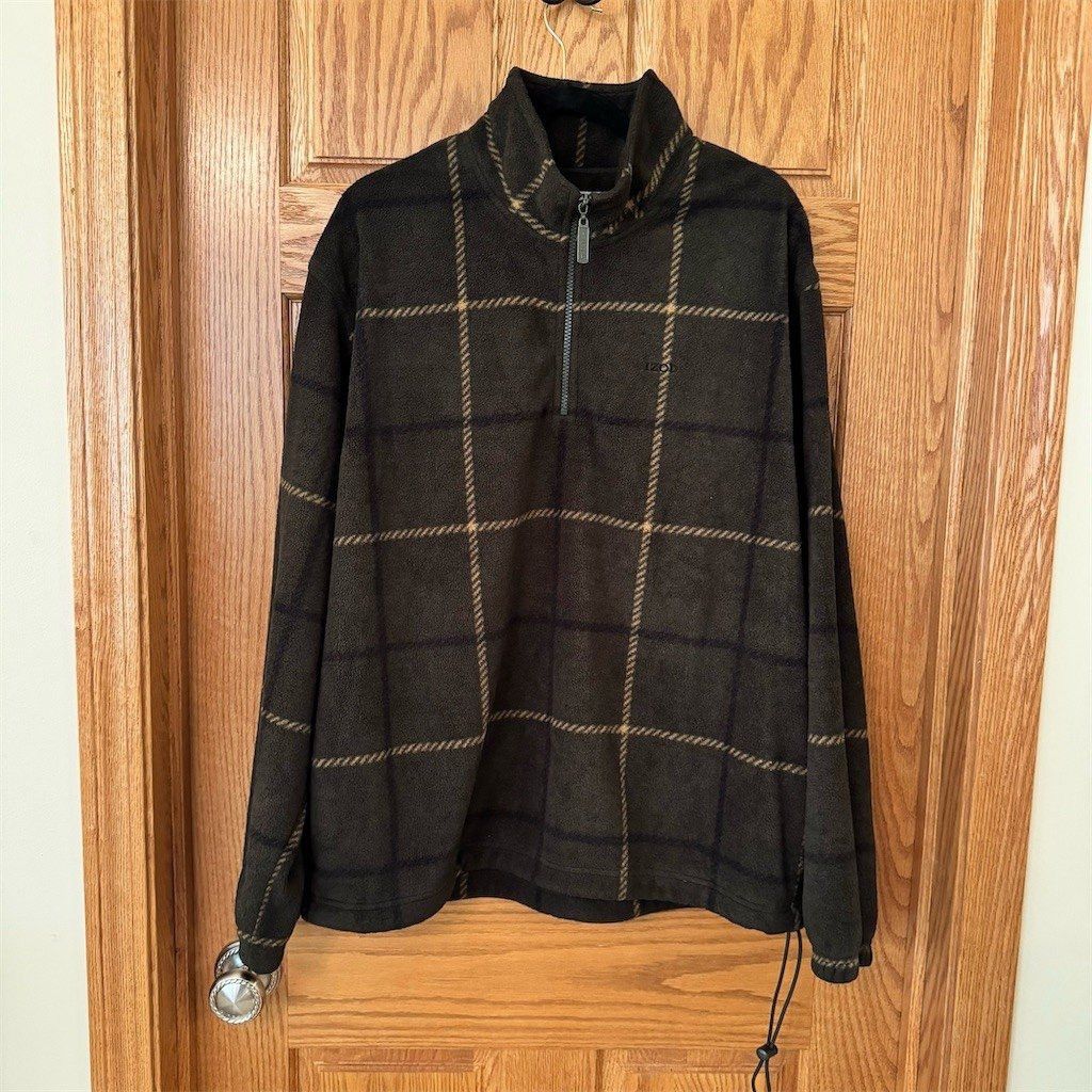 Izod IZOD Sweater Mens XL Brown Brown Plaid 1/4 Zip Mock Neck Pu Size US XL / EU 56 / 4 - 1 Thumbnail