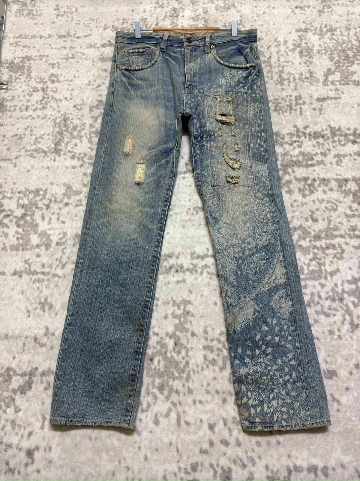 Hysteric Glamour Karakuri Tamashii Blue White Acid Wash Distressed Denim Size US 33 - 1 Thumbnail