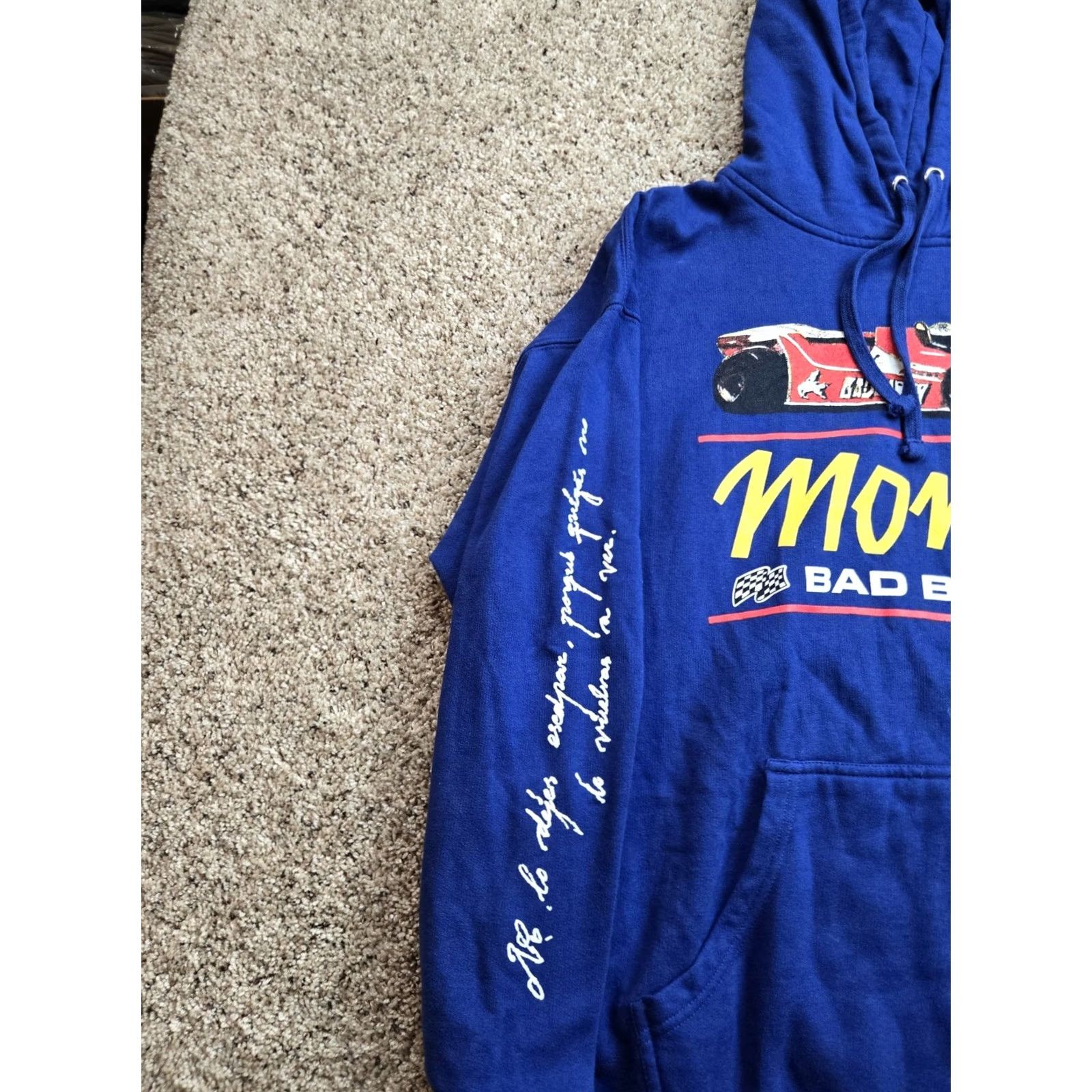 Vintage Bad Bunny Most Wanted Tour Hoodie Mens XL Blue Monaco Grand Prix Long Sleeve Crew Neck Hooded Graphic Print Pullover Size US XL / EU 56 / 4 - 4 Thumbnail