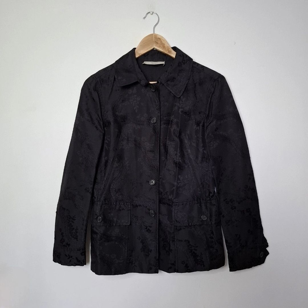 PRADA Black Floral Printed Buttoned Silk Suit Jacket