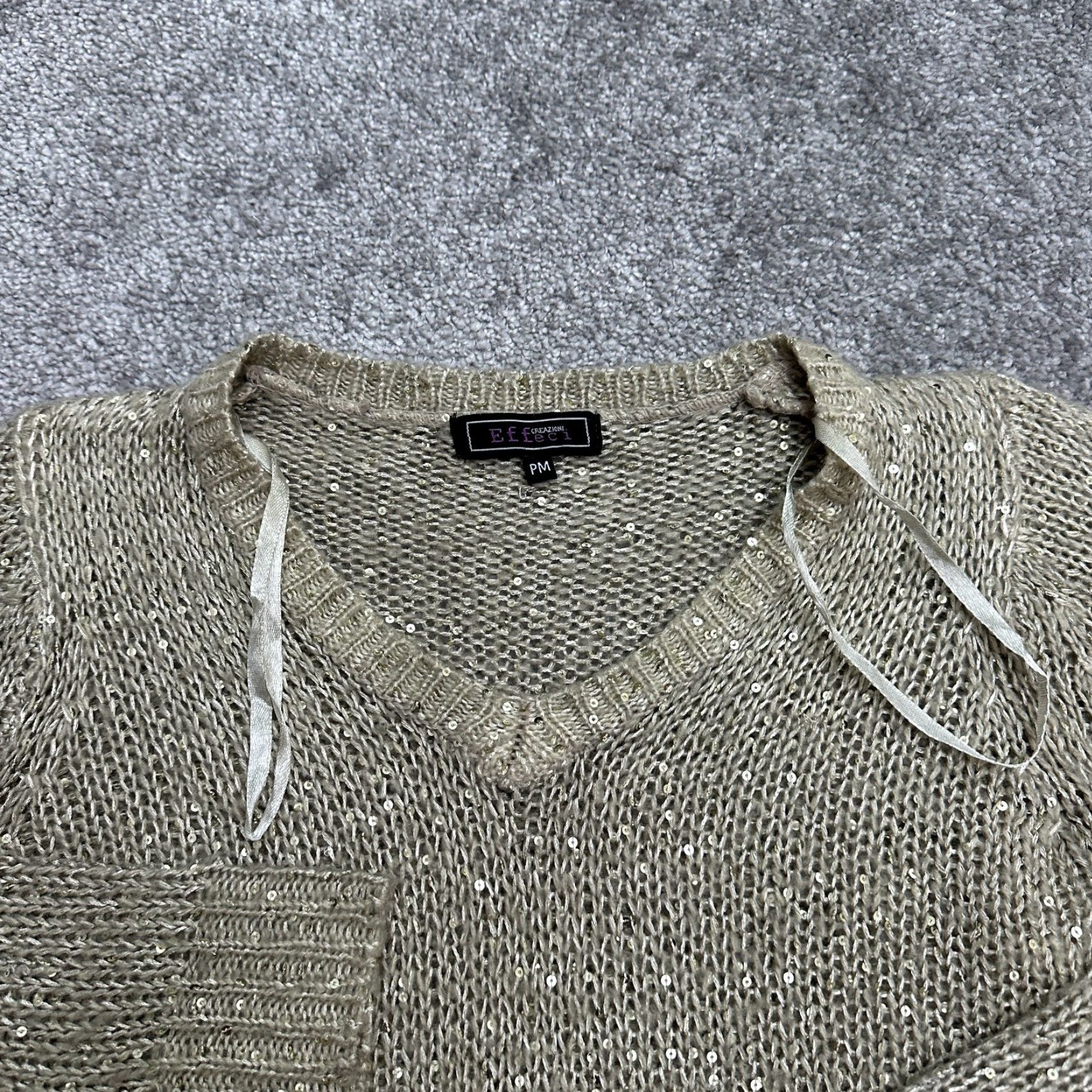 Vintage Creazioni Effect Sweater Womens PM Brown V-Neck Pullover Metallic Sequin Casual Size M / US 6-8 / IT 42-44 - 3 Thumbnail