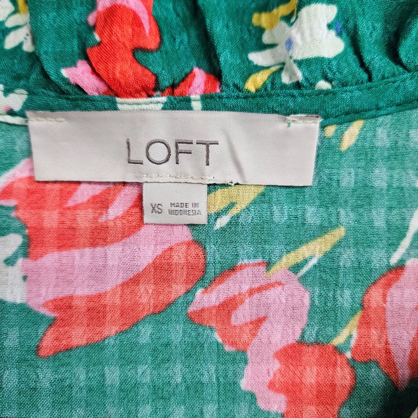 Loft Ann Taylor LOFT Womens Top XS Green Pink Floral Ruffle Long Sleeve Blouse Polyester Spandex Size XS / US 0-2 / IT 36-38 - 6 Thumbnail