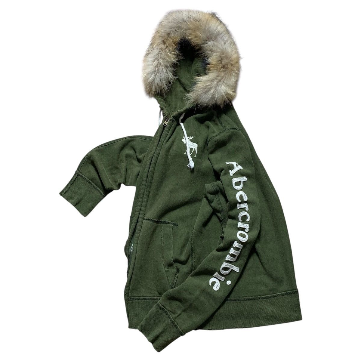 Japanese Brand Abercrombie Olive Green Fur Zipper Hoodie Distressed Size US XL / EU 56 / 4 - 3 Thumbnail