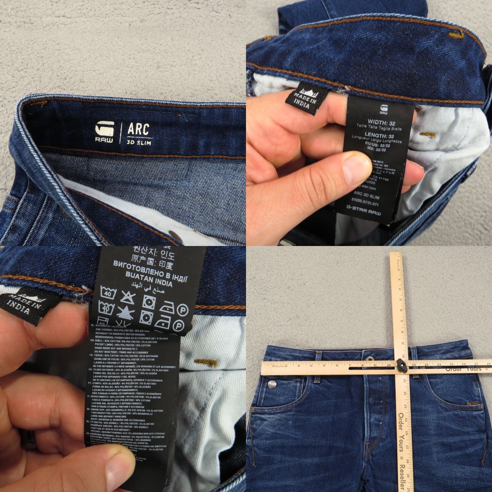 G-Star G Star Raw Jeans Men 32x32 ARC 3D Slim Dark Wash Indigo Fades Button Fly Stretch Jeans 32 Slim Blue Mens Size US 32 / EU 48 - 8 Thumbnail