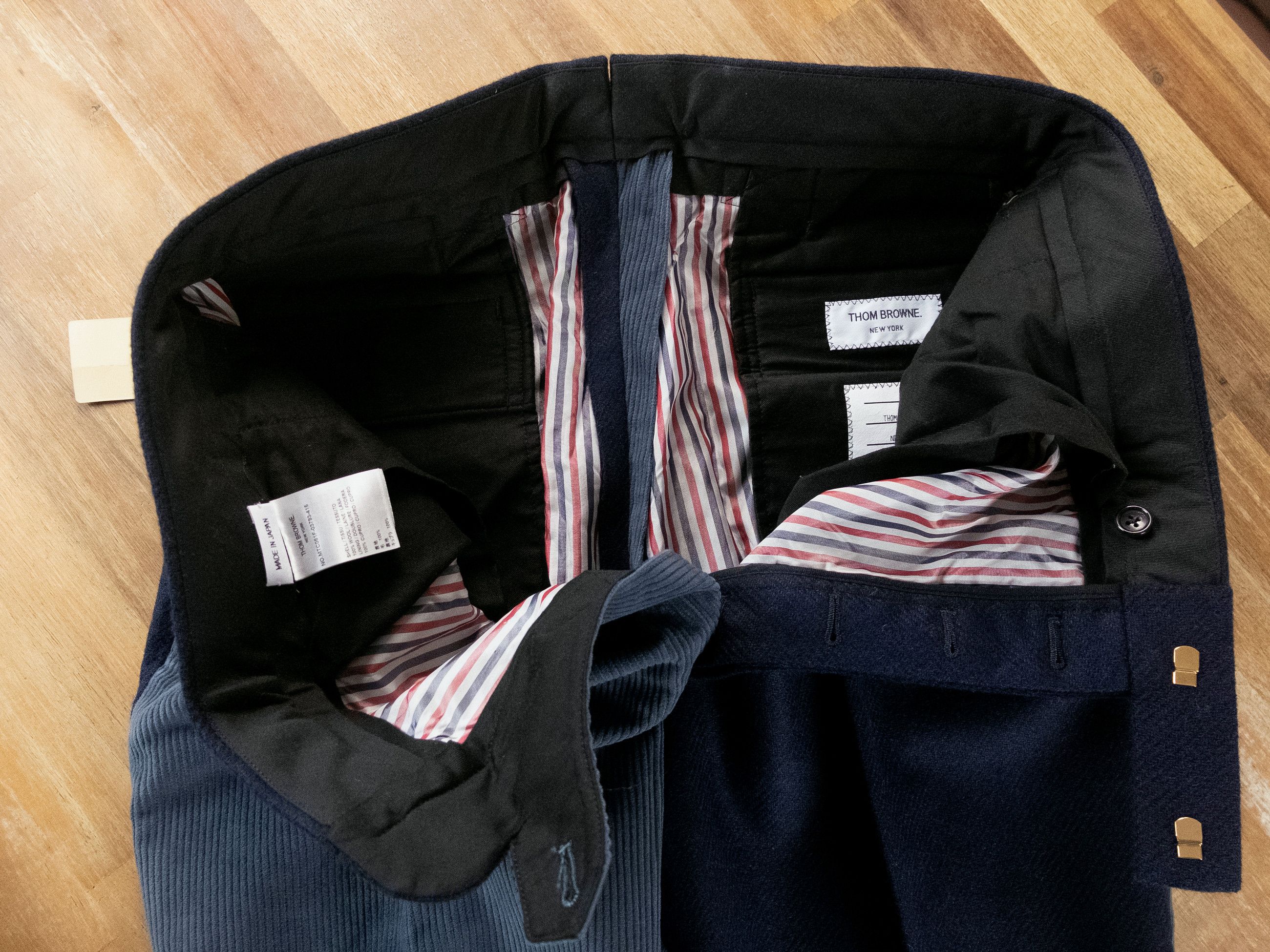 THOM BROWNE Fun-Mix blue wool & corduroy backstrap pants