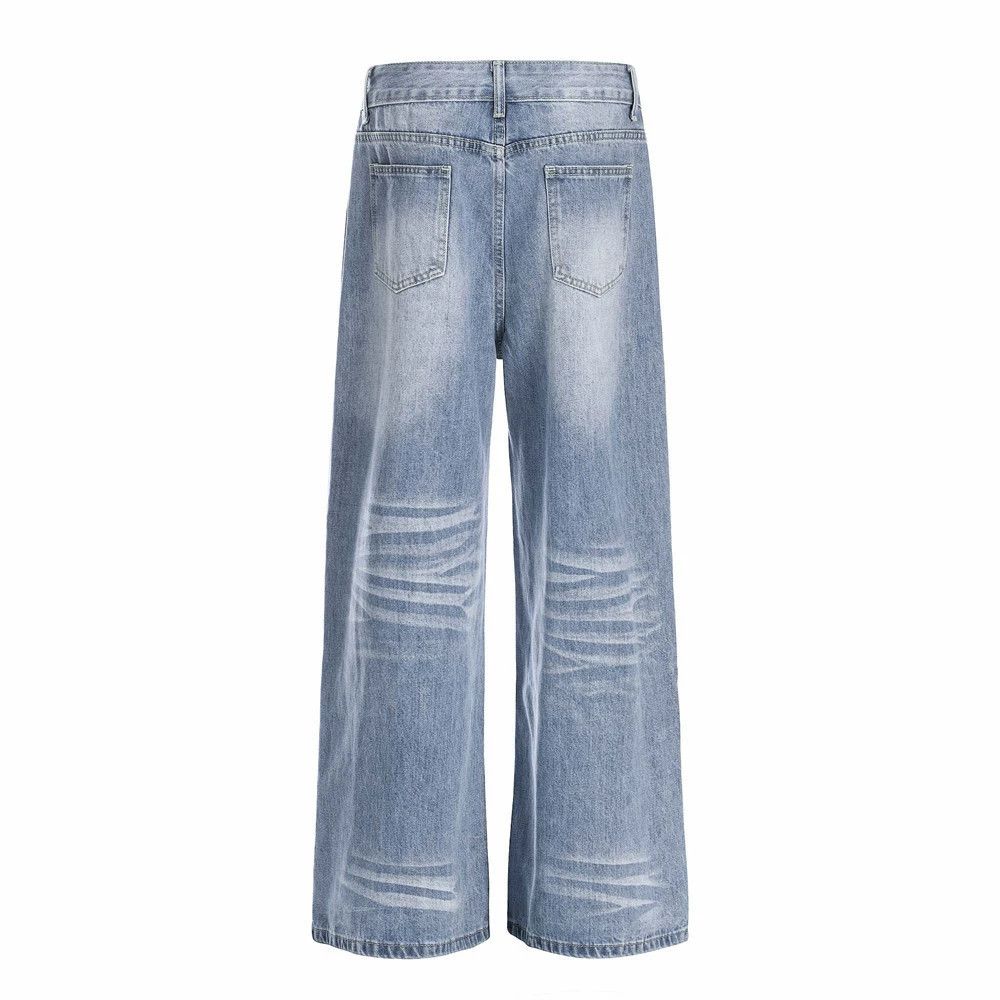Jean Men's retro distressed loose casual washed wide-leg jeans Size US 32 / EU 48 - 2 Thumbnail
