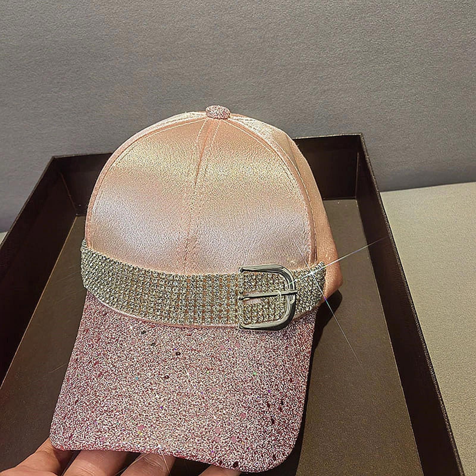 Jewelry Pink Satin Glitter Baseball Cap with Rhinestone Belt Size ONE SIZE - 7 Thumbnail