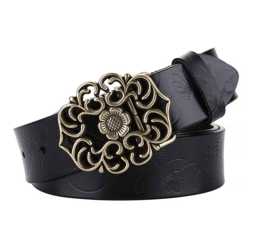 image of Vintage Fancy Floral Curved Buckle Genuine Leather Belt in Black, Women's