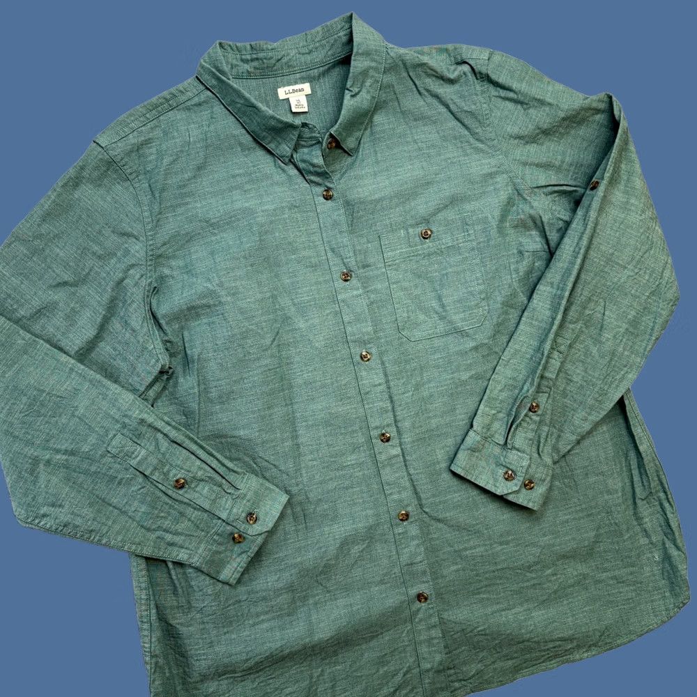 Vintage LL Bean Workshirt Womens XL Green Chambray Cotton Stretch Button Up Roll Tab Top Size XL / US 12-14 / IT 48-50 - 1 Thumbnail