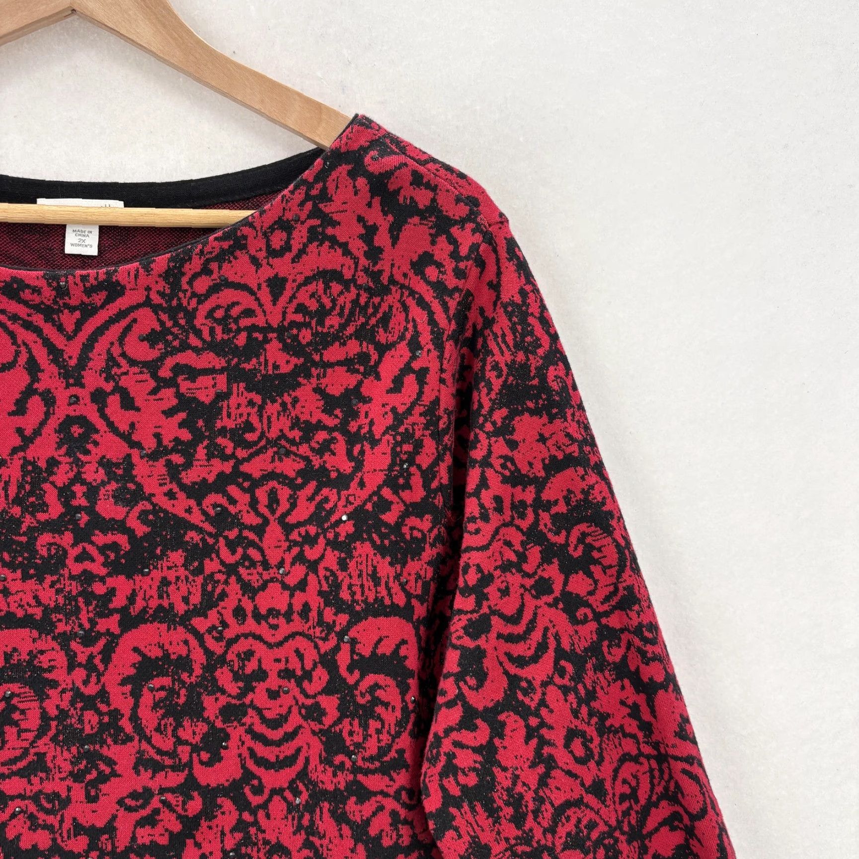 J. Jill J. Jill Sweater Womens 2X Red Black Jacquard Damask Print Long Sleeve Pullover Shirt/ Sweater Size XXL / US 16-18 / IT 52-54 - 2 Thumbnail