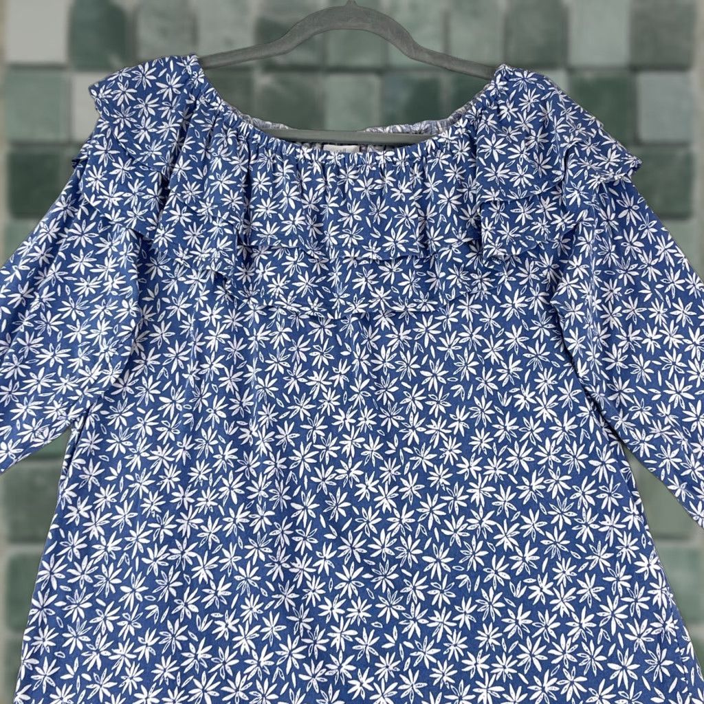 J. Jill J. Jill Shirt Womens Large Blue Floral Print Off the Shoulder Long Sleeve Casual Size L / US 10 / IT 46 - 1 Thumbnail