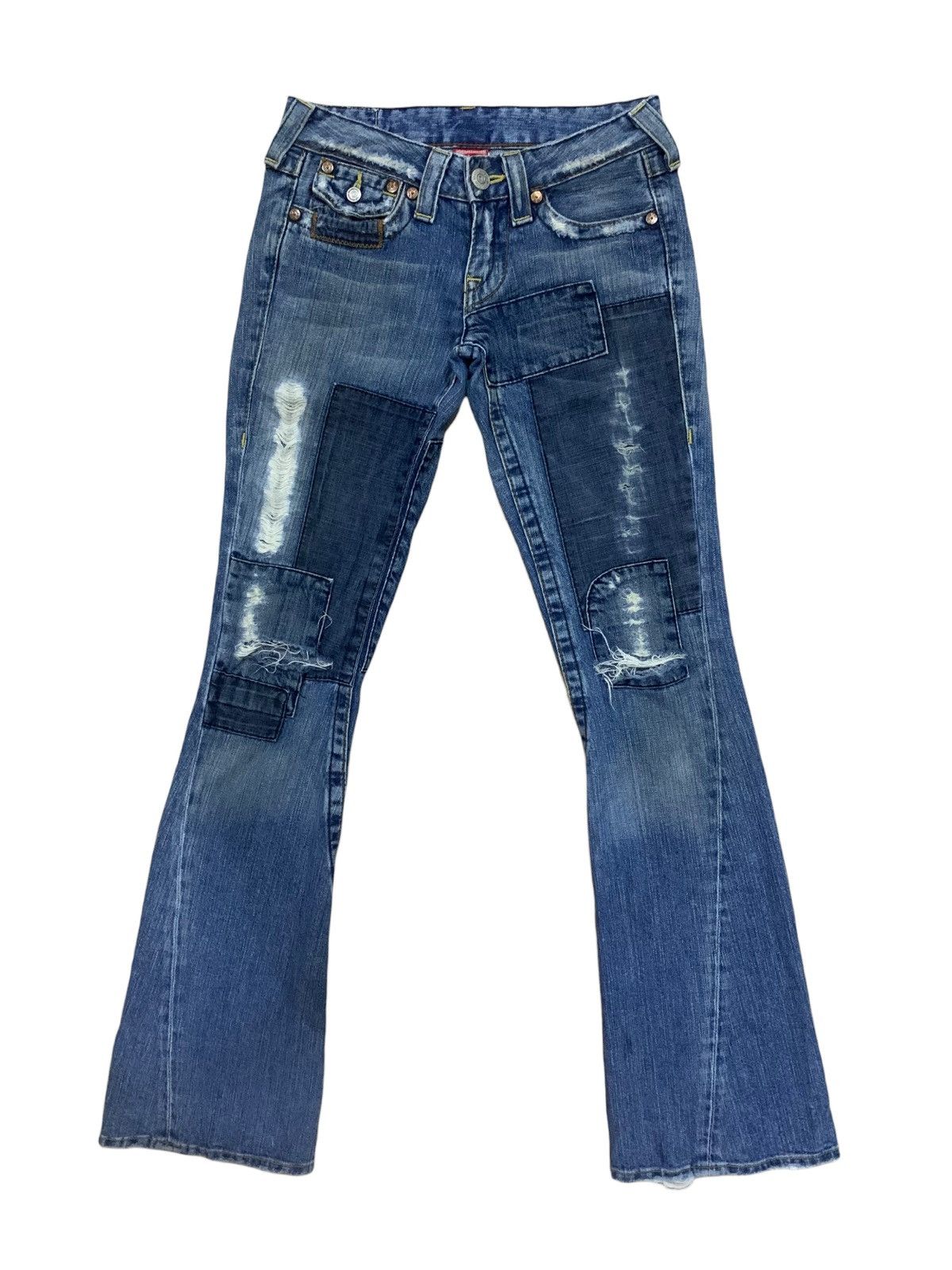 image of Beauty Beast x If Six Was Nine Flare Vintage True Religion Section Joey Patches Jeans in Blue, Wome