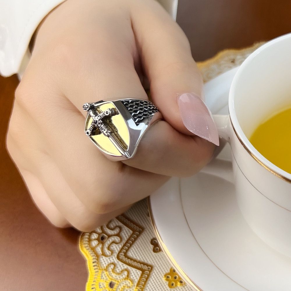Jewelry SIZE 9 925 Sterling Silver Sword Golden Signet Ring Size ONE SIZE - 4 Thumbnail