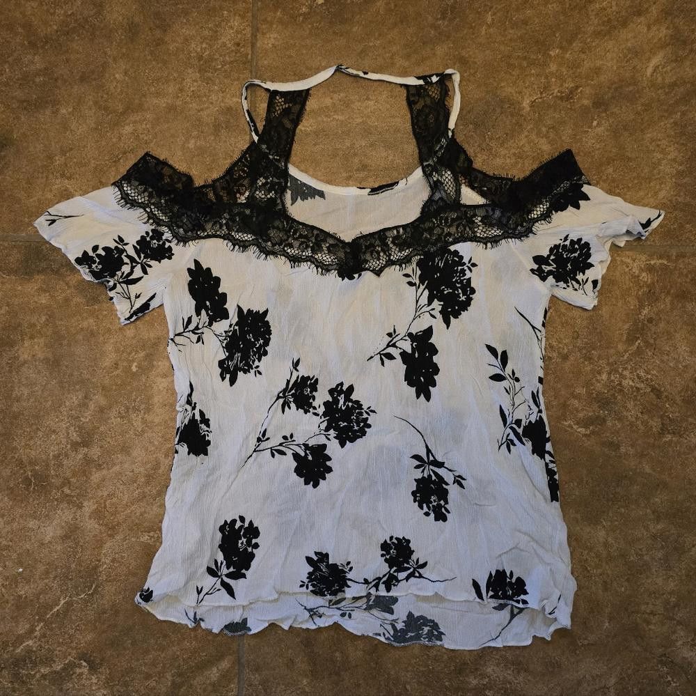 Designer White Black Floral SR Open Short Sleeve Size S / US 4 / IT 40 - 2 Thumbnail