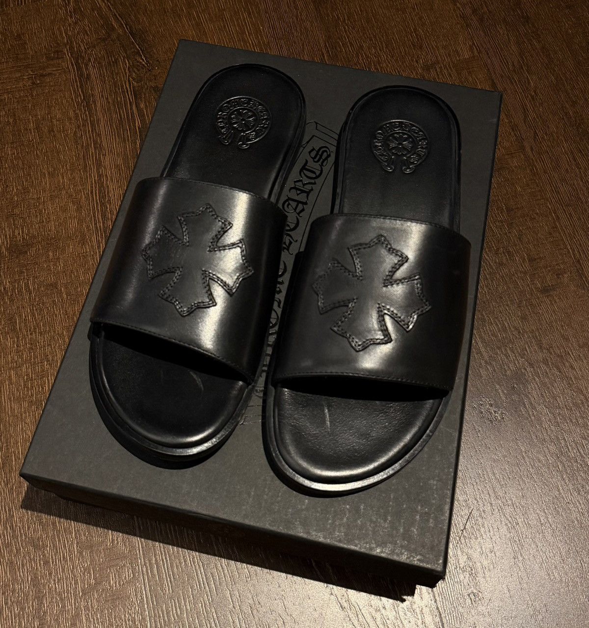 Chrome Hearts Chrome Hearts leather cross patch slides/sandals. Size US 10 / EU 43 - 1 Thumbnail