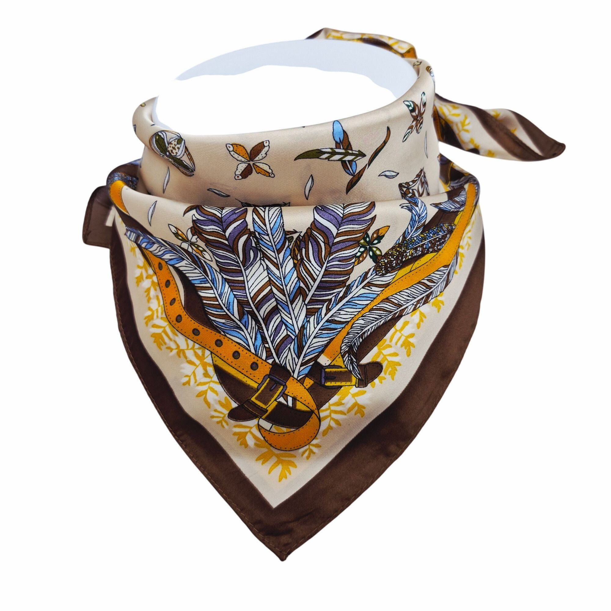 Other ⭐Luxury Elegant Bandana Silky Square Scarf Beige Floral Vers Size ONE SIZE - 2 Thumbnail