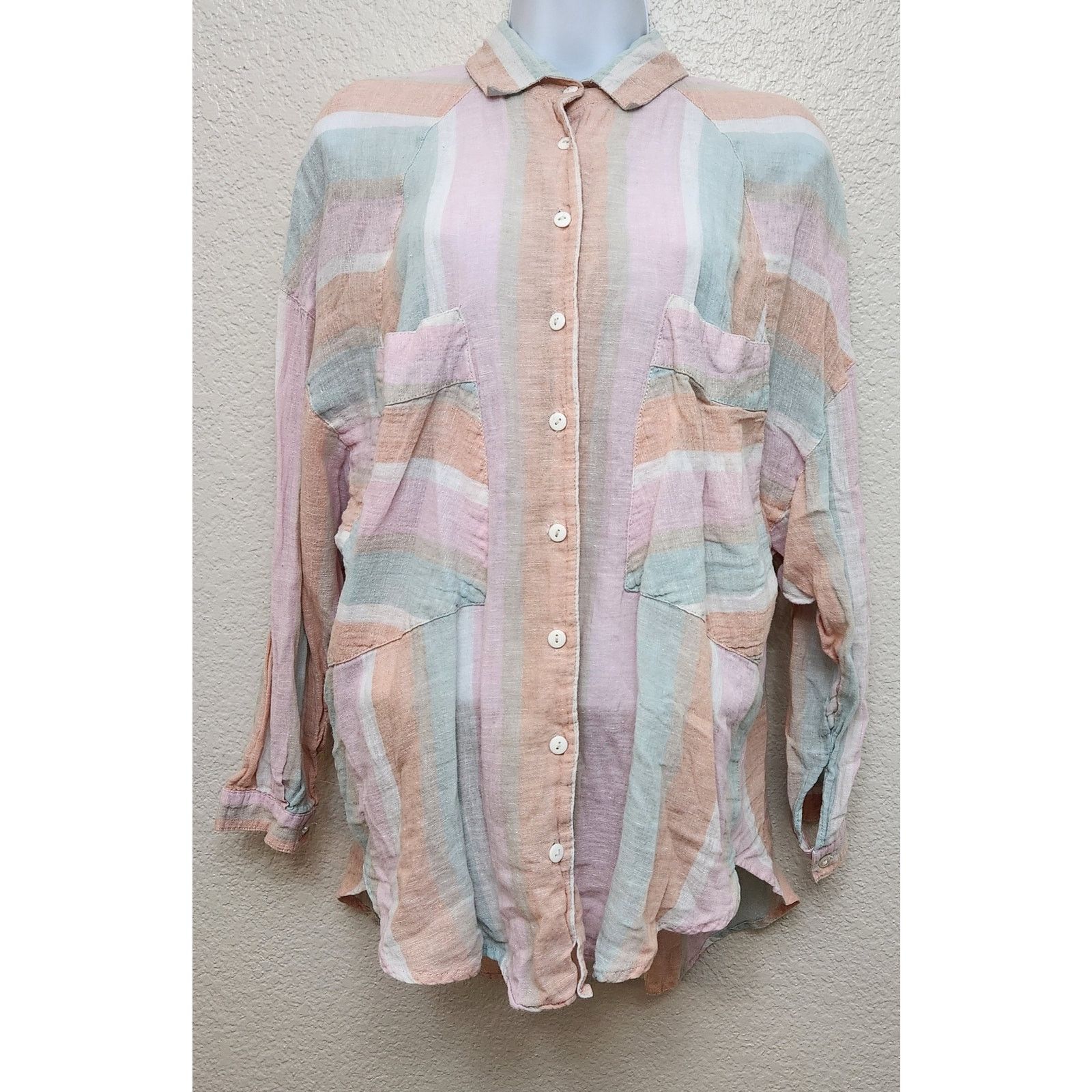 Free People Free People Pink Orange White Striped Button Top Medium Size M / US 6-8 / IT 42-44 - 1 Thumbnail