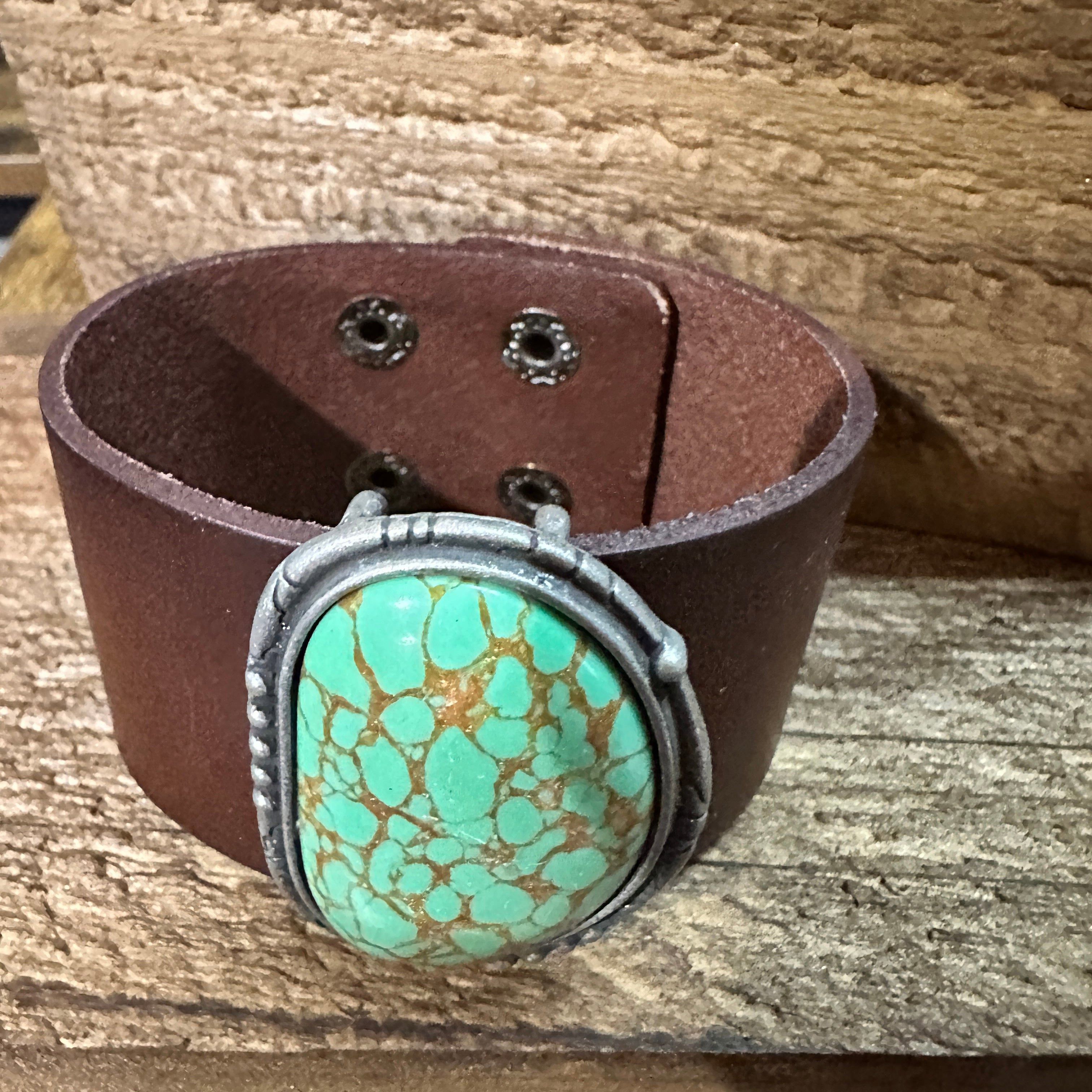 Other Natural Green Stone Dark Brown Leather Cuff Bracelet, Leathe Size ONE SIZE - 5 Thumbnail