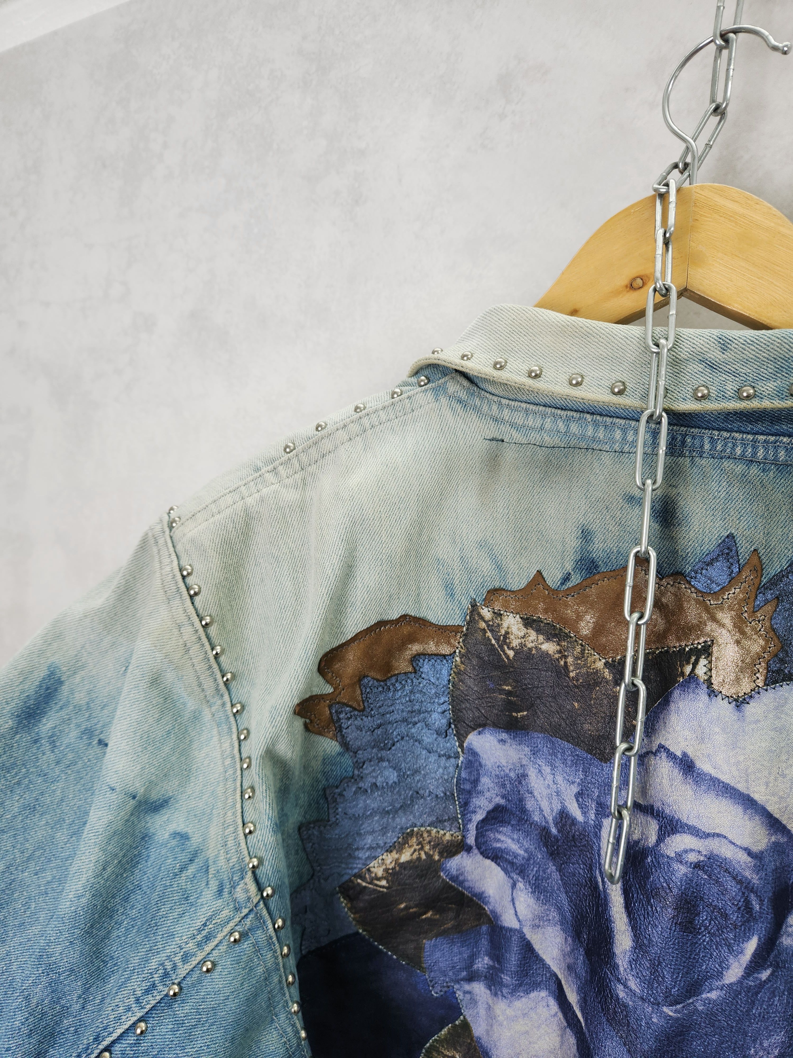Roberto Cavalli 80s Roberto Cavalli denim jeans jacket leather flowers Size L / US 10 / IT 46 - 12 Thumbnail