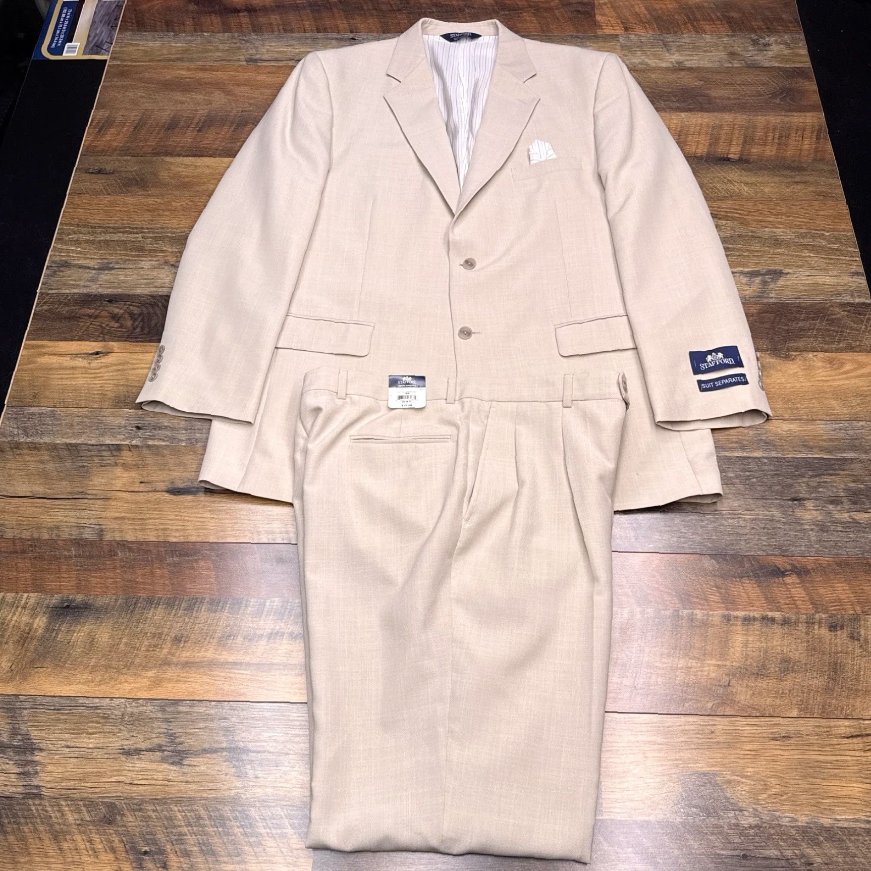 Stafford Stafford Suit 2 Piece Long Tan Pleated Notch Lapel Single-Breasted 46 Chest 48 36 Skinny? Size 46R - 2 Thumbnail