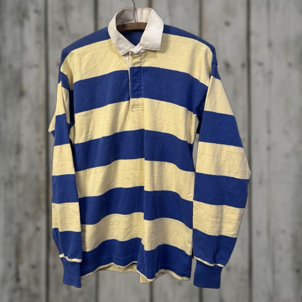 blue rugby mens vintage rugby shirt VINTAGE Rugby Shirt Men L Blue Yellow 80s Striped Heavy Cotton