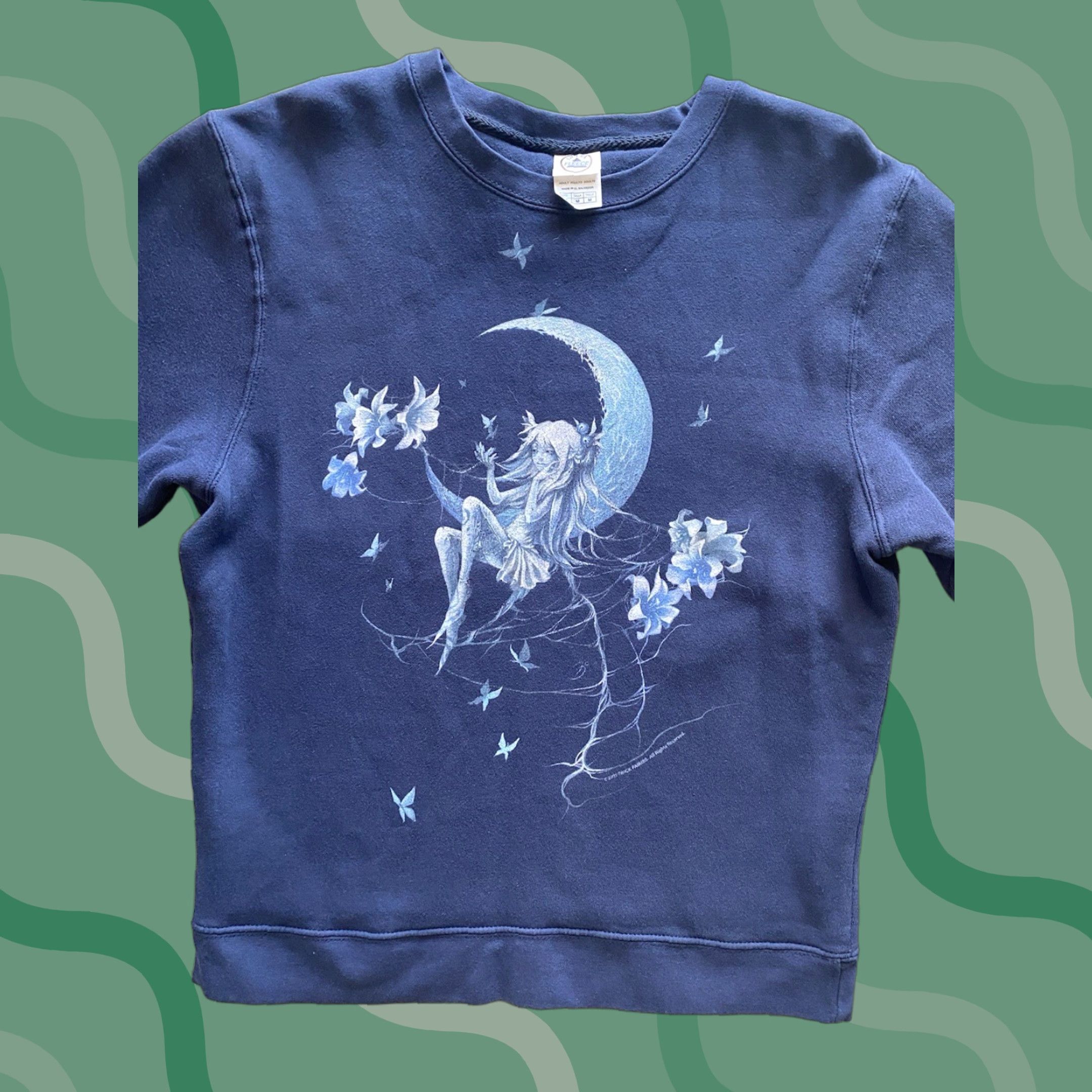 Delta Delta Fleece Sweatshirt Women MEDIUM Dark Blue Fairy Moon Trick Fairies Crew Neck Long Sleeve Fleece Pullover Moon Butterfly Flowers Size M / US 6-8 / IT 42-44 - 1 Thumbnail