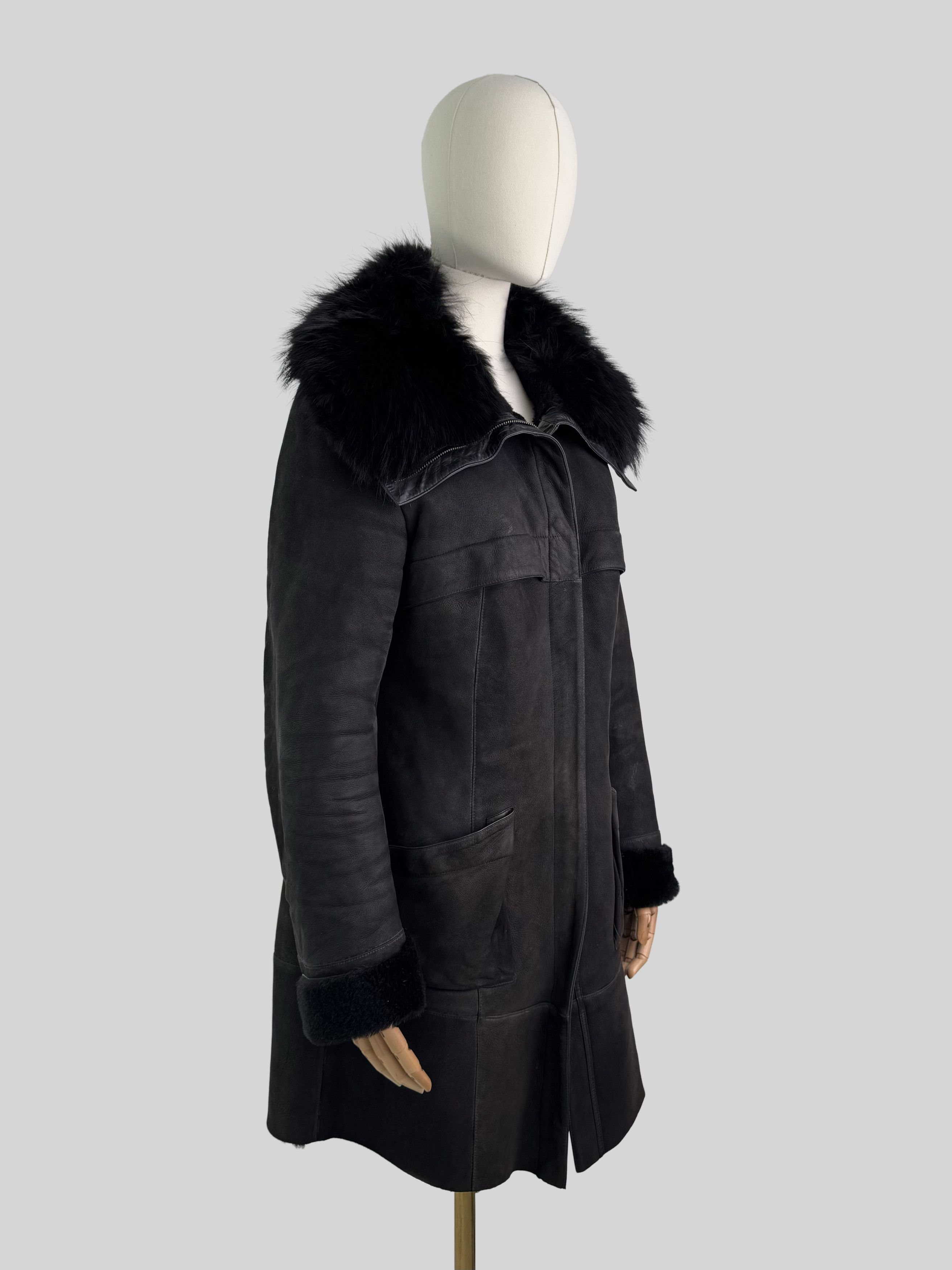 Vintage Women Vintage Sheepskin Leather Coat Black Fur Collar Size M / US 6-8 / IT 42-44 - 2 Thumbnail
