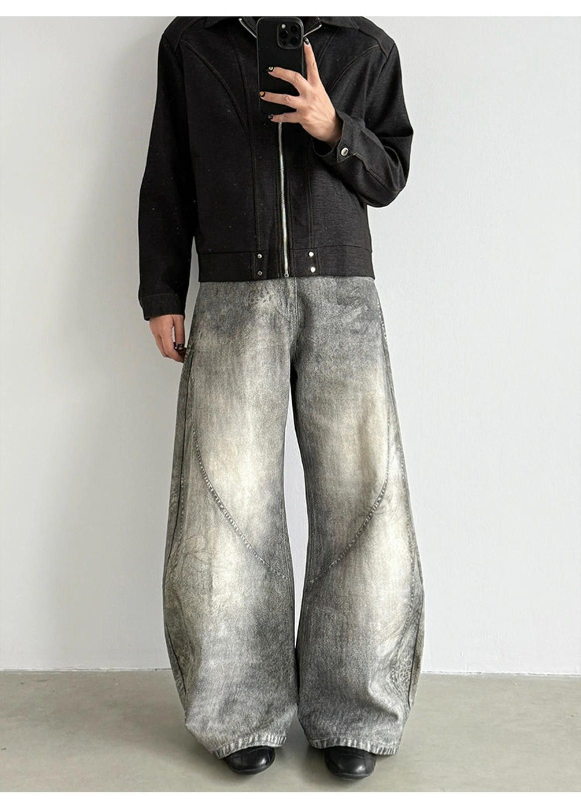 Vintage Grey Wide Leg Denim Jeans, 3D Printed Baggy Jeans Size US 30 / EU 46 - 1 Thumbnail