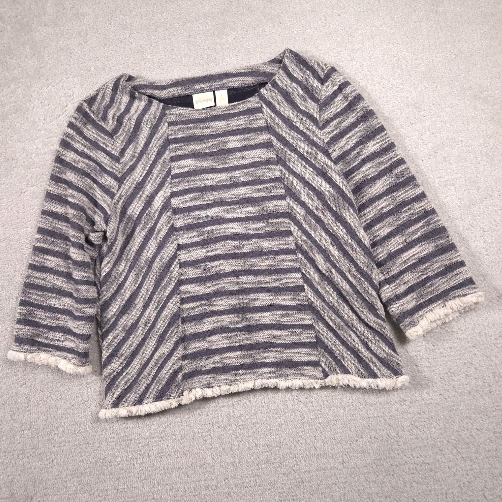 Vintage Chico's Sweater Womens Striped Knit 3/4 Sleeve Fringe Hem Crew Neck Pullover Gray White Medium? 1 Size XS / US 0-2 / IT 36-38 - 3 Thumbnail